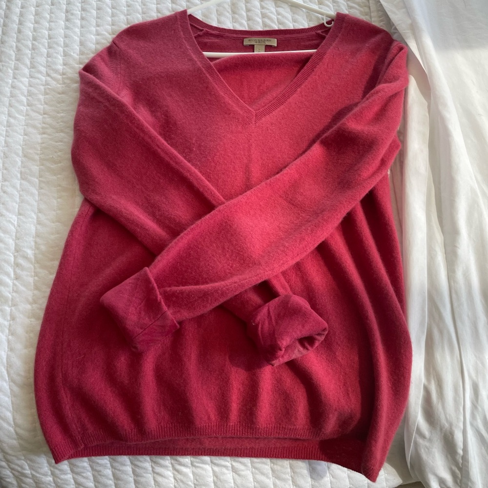 Burberry Red V-Neck Sweater Classic Knit